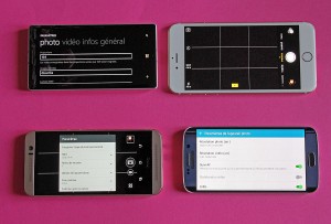 Nokia Lumia 930, Apple iPhone 6 Plus, HTC One M9 et Samsung Galaxy S6 Edge.