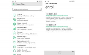 A gauche le menu paramètres de Windows Mobile 10. A droite Windows Insider. A gauche le menu paramètres de Windows Mobile 10. A droite Windows Insider.