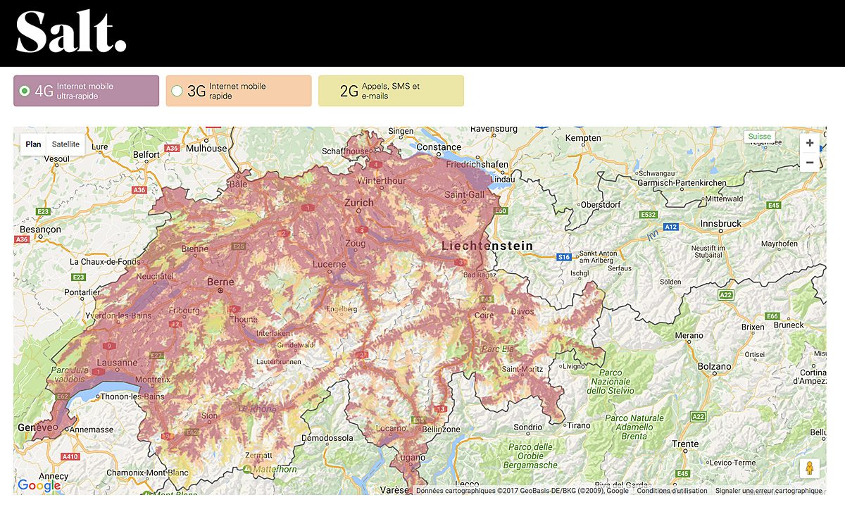 Réseau mobile: la couverture 4G de Salt en Suisse. Réseau mobile: la couverture 4G de Salt en Suisse.
