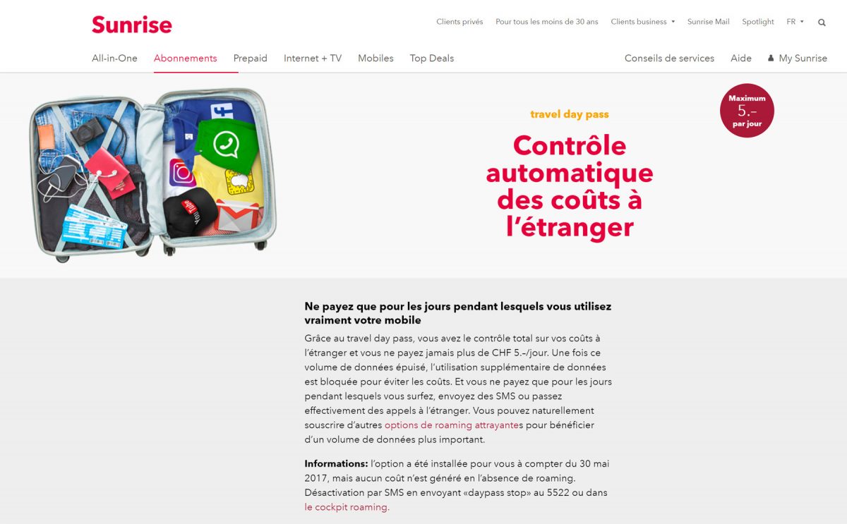 Roaming: Sunrise essaie de corriger le tir avec son Travel day pass. Roaming: Sunrise essaie de corriger le tir avec son Travel day pass.