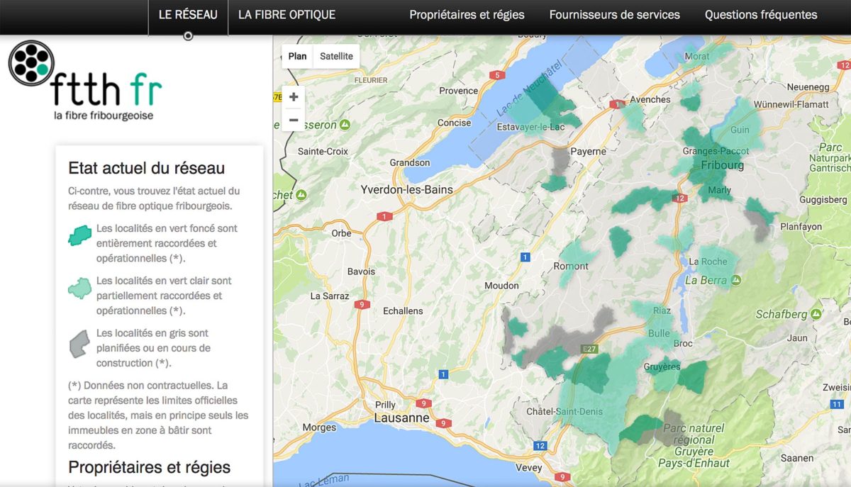 La carte du déploiement de la fibre optique dans le canton de Fribourg.