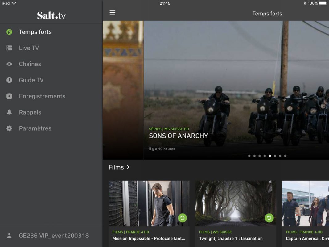 Salt TV propose des temps forts. Test sur l'iPad 6. Salt TV propose des temps forts. Test sur l'iPad 6.