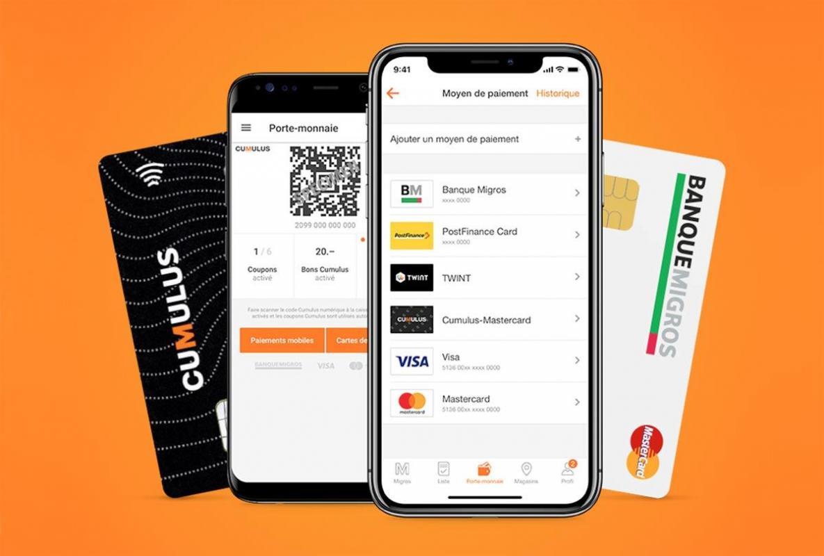 L’application de la Migros remplace: Cumulus, bons, coupons, tickets… et sa carte de paiement, comme la Postcard, ou l'application Twint. L’application de la Migros remplace: Cumulus, bons, coupons, tickets… et sa carte de paiement, comme la Postcard, ou l'application Twint.