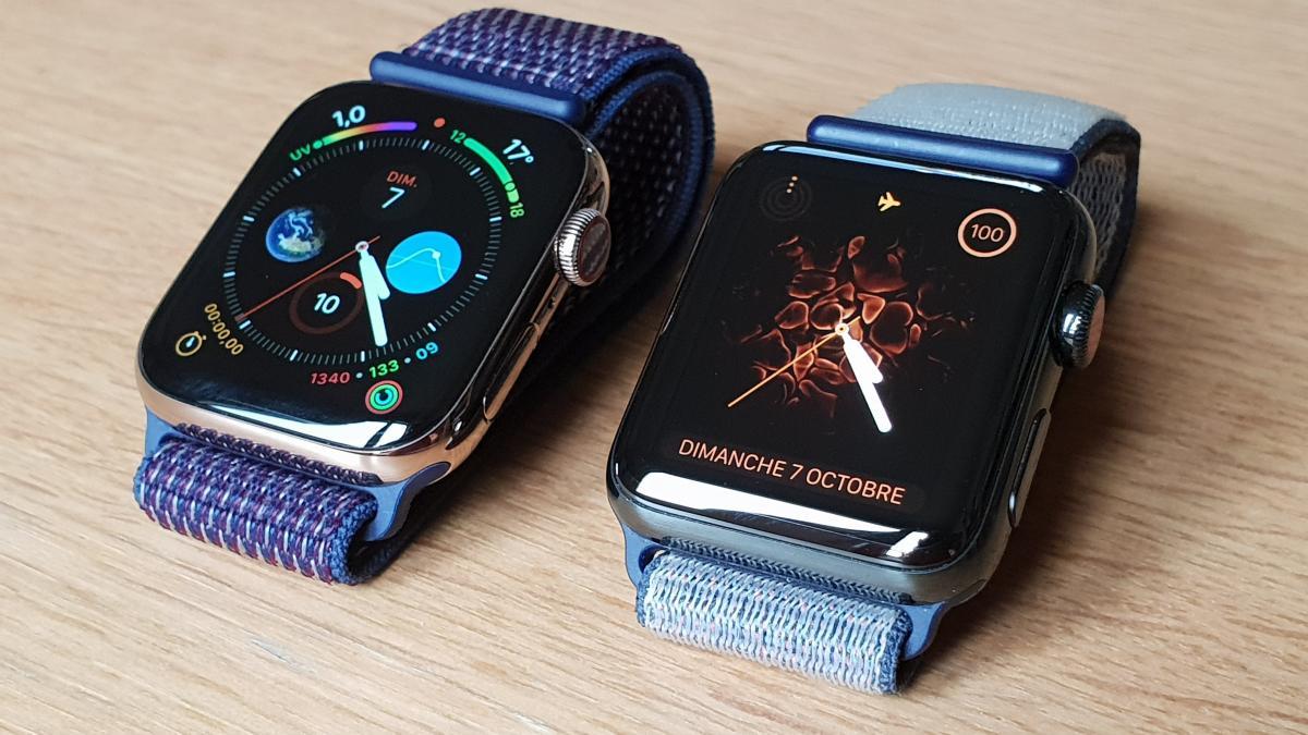 L’Apple Watch series 4 cellulaire (à gauche) à côté de la series 3. L’Apple Watch series 4 cellulaire (à gauche) à côté de la series 3.