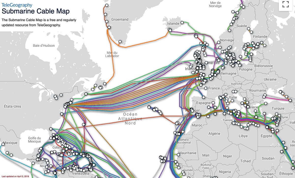 Une carte des câbles sous-marins proposée par TeleGeography. Une carte des câbles sous-marins proposée par TeleGeoography.