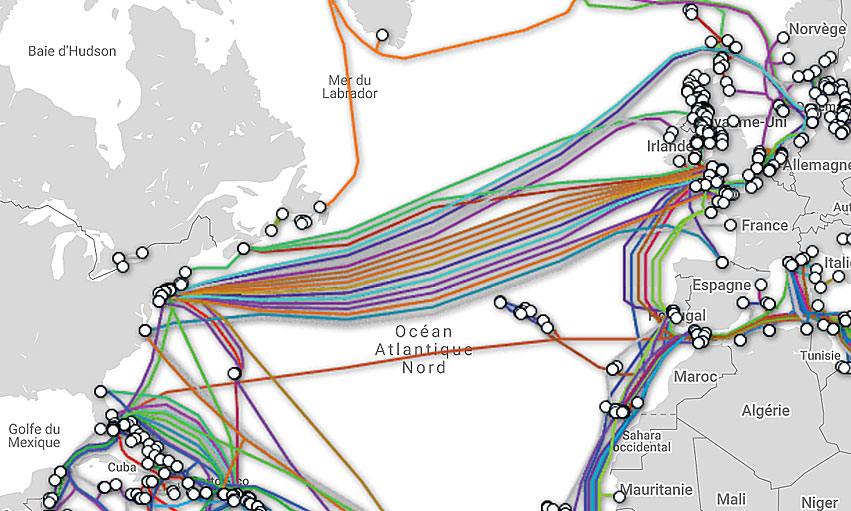 Une carte des câbles sous-marins proposée par TeleGeography.