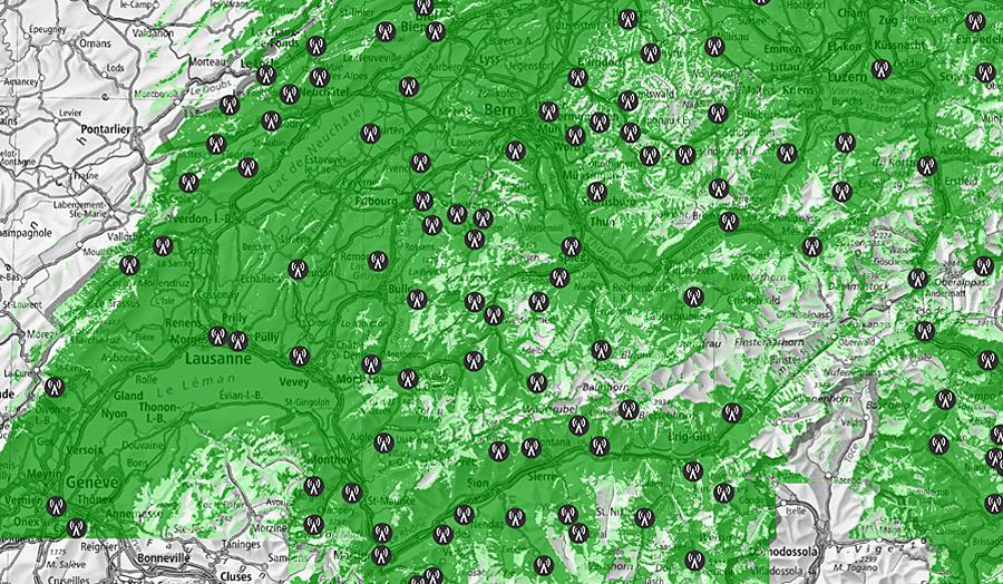 Le réseau de la TNT en Suisse romande avec ses émetteurs.