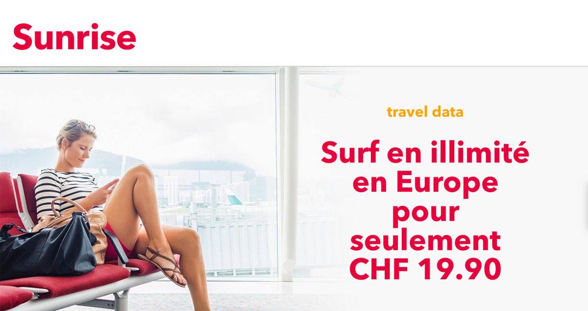 Sunrise Travel data unlimited Europe est déjà disponible pour 19,90 francs par mois. Sunrise Travel data unlimited Europe est déjà disponible pour 19,90 francs par mois.