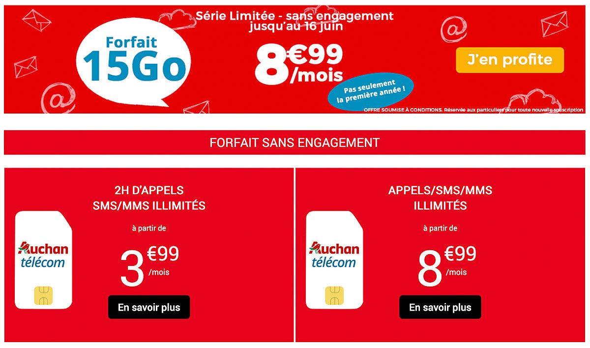 Chez Auchan Télécom, un forfait cédé à vie 8,99 euros avec 2Go de roaming... Chez Auchan Télécom, un forfait cédé à vie 8,99 euros avec 2Go de roaming...