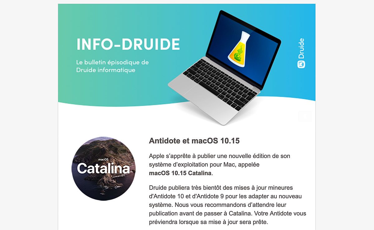Catalina: le 19 septembre, Druide mettait en garde ses utilisateurs... Catalina: le 19 septembre, Druide mettait en garde ses utilisateurs...