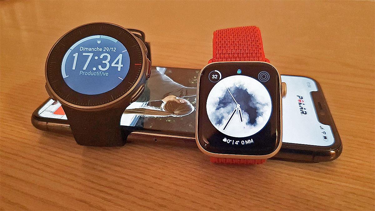 La Polar Vantage V et l'Apple Watch series 5 avec un iPhone 11 Pro Max.