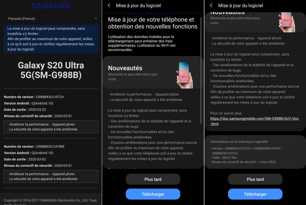 Premier correctif de taille pour le Samsung Galaxy S20 Ultra 5G.