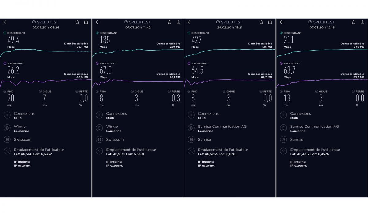 De gauche à droite. Exemples de 5G Wide et Fast de Swisscom, 5G et 4G+ de Sunrise. De gauche à droite. Exemples de 5G Wide et Fast de Swisscom, 5G et 4G+ de Sunrise.