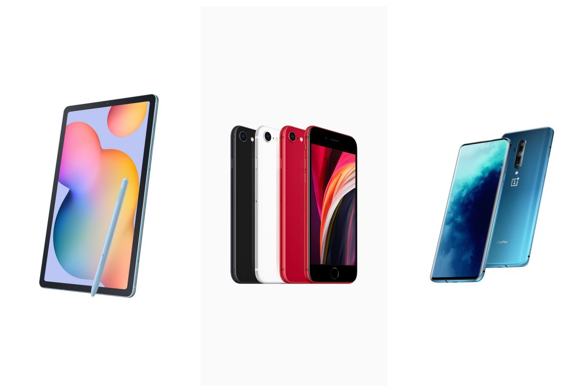Apple iPhone SE, Samsung Galaxy Tab S6 Light et OnePlus 8 Pro. Apple iPhone SE, Samsung Galaxy Tab S6 Light et OnePlus 8 Pro.
