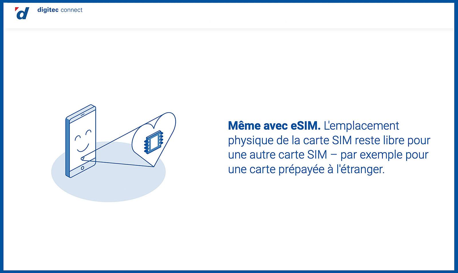 L’abonnement Digitec Connect est désormais compatible eSIM. L’abonnement Digitec Connect est désormais compatible eSIM.