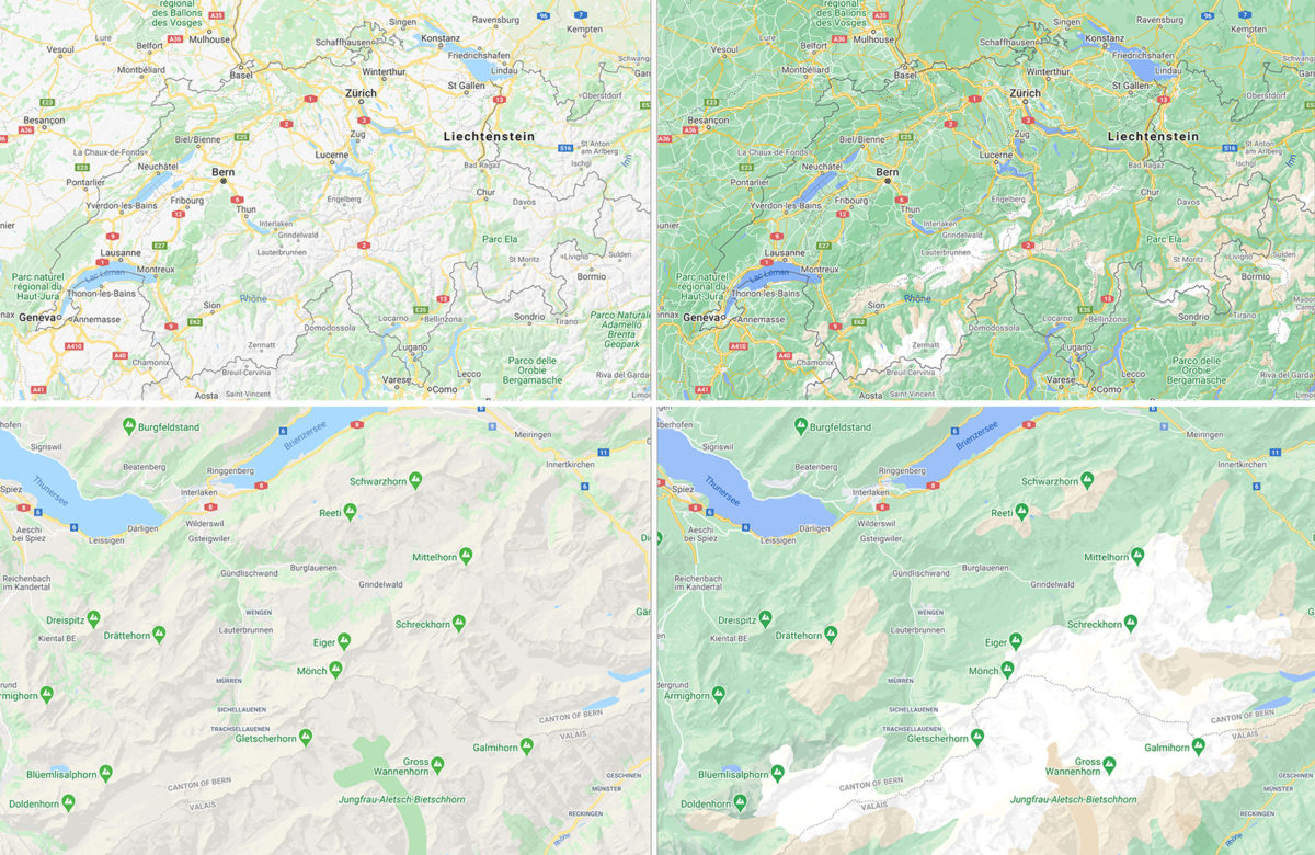 Avant/Après. Les cartes de Google pour la Suisse et la région Jungfrau-Aletsch. Avant/Après. Les cartes de Google pour la Suisse et la région Jungfrau-Aletsch.