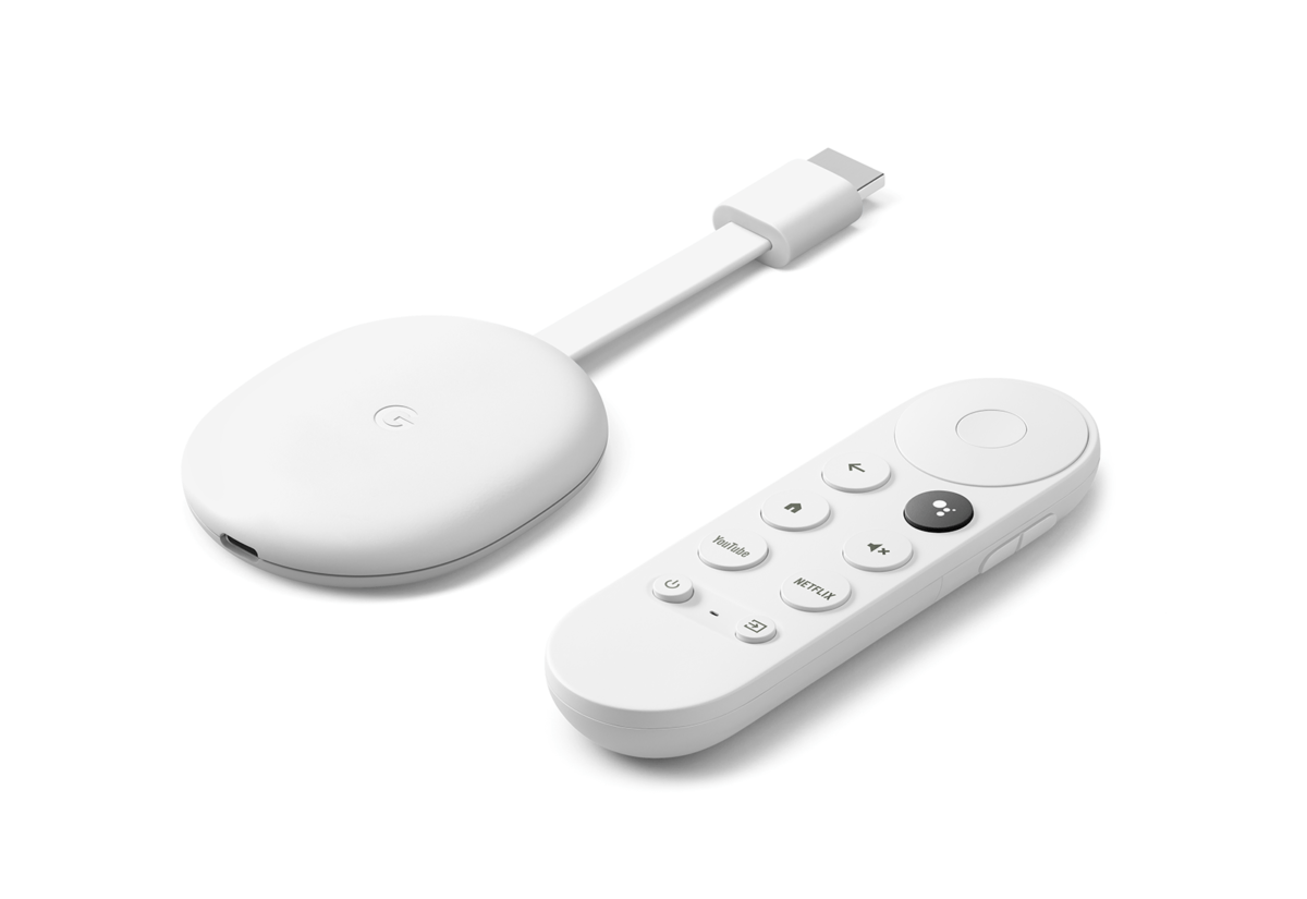Le dernier Chromecast avec Google TV et sa télécommande. Le dernier Chromecast avec Google TV et sa télécommande.