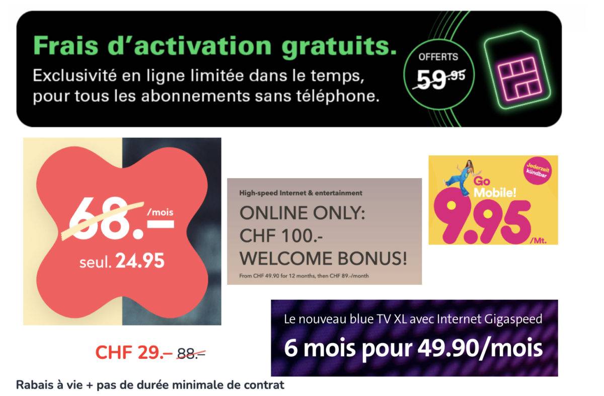 Des promos de Swisscom, Sunrise, Salt, Wingo, Yallo ou GoMo.