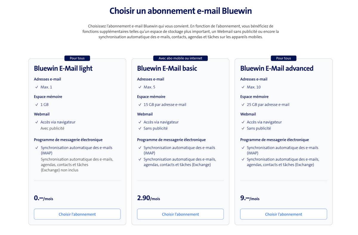 Les nouveaux plans mail Bluewin.