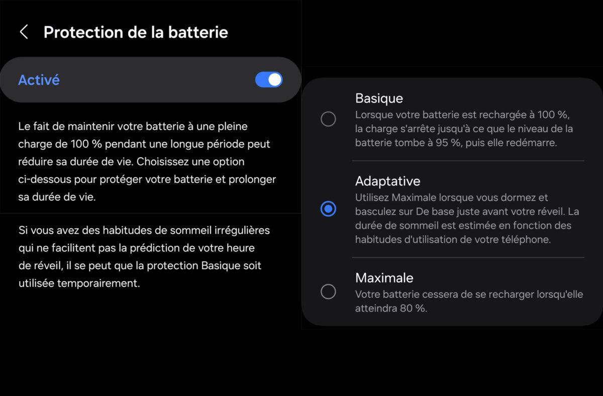 Jusqu'à 16 jours d'autonomie avec les Galaxy Ultra. Samsung ONE UI 6.1 et ses 3 modes de protection de la batterie.