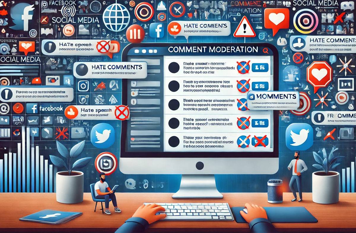 Modération sur les médias sociaux, par DALL-E3.