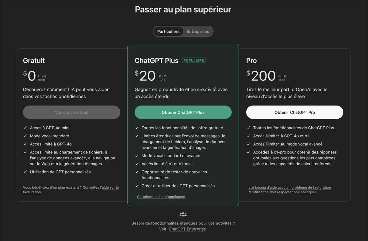 ChatGPT Pro: 200 dollars par mois.