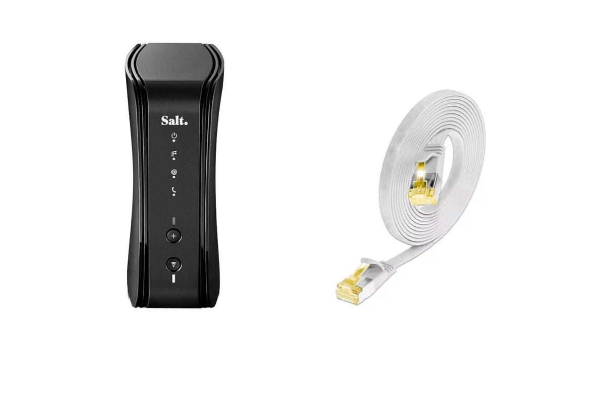 Le dernier routeur de Salt Wi-Fi 7 et un câble réseau.