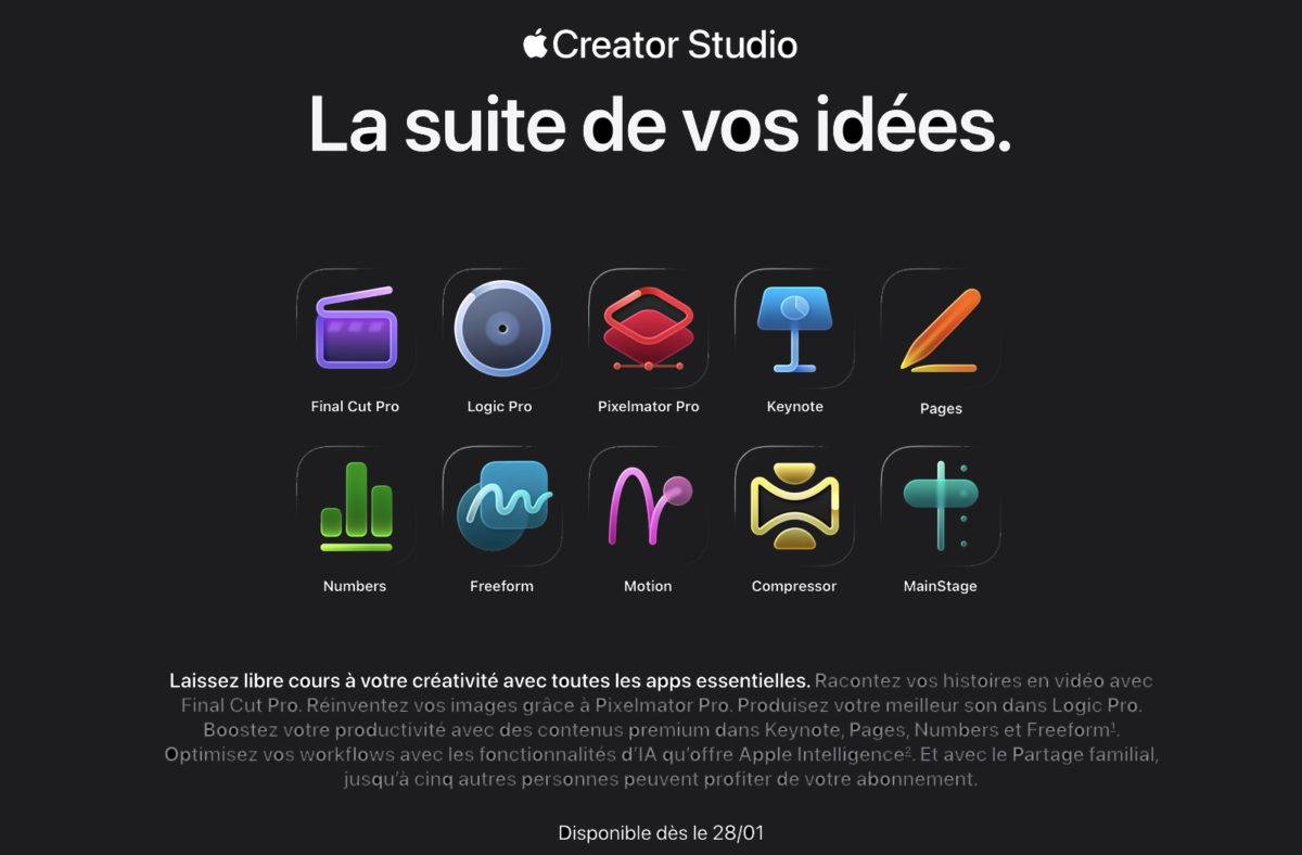 Voici Apple Creator Studio à 12 francs par mois ou 120 francs par an. Voici Apple Creator Studio à 12 francs par mois ou 120 francs par an.