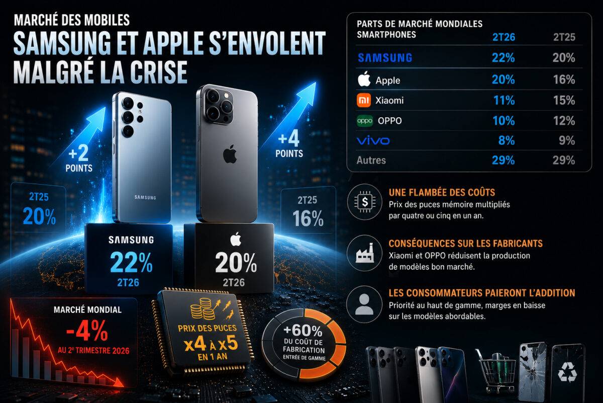 Marché mondial des smartphones, T2, 2026, selon Omdia. Marché mondial des smartphones, T2, 2026, selon Omdia.